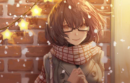 Anime-style HD desktop wallpaper featuring a short-haired character with brown hair, brown eyes, and glasses, wrapped in a scarf against a softly lit brick wall with star lights.