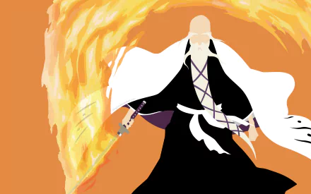 Genryūsai Shigekuni Yamamoto from Bleach in a stylized 4K Ultra HD PC desktop wallpaper: stern captain unleashing blazing fire, white haori on an orange background.