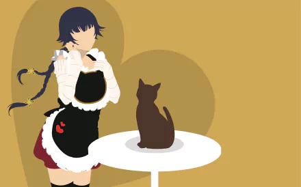 Soifon (Bleach) 4K Ultra HD PC desktop wallpaper: minimalist anime scene of Soifon in a maid outfit with braided hair, standing by a table where a cat sits.