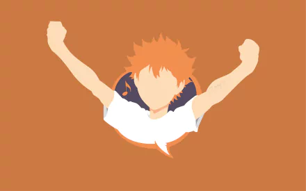 Minimalist 4K Ultra HD anime wallpaper of Shōyō Hinata from Haikyū!!, featuring his orange hair and arms raised against a solid background.