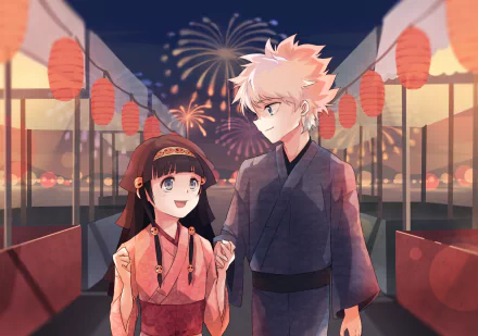 A colorful HD wallpaper featuring Killua and Alluka Zoldyck from Hunter x Hunter, enjoying a festival scene filled with vibrant lanterns and fireworks in the background.