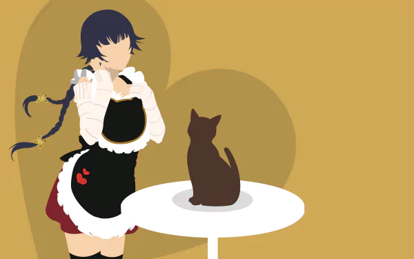 Soifon (Bleach) 4K Ultra HD PC desktop wallpaper: minimalist anime scene of Soifon in a maid outfit with braided hair, standing by a table where a cat sits.