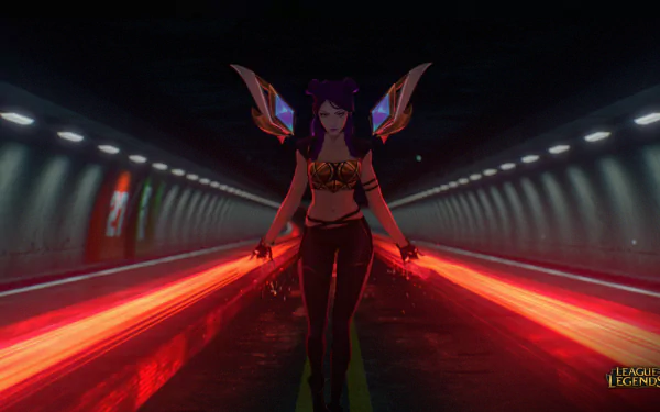 HD PC desktop wallpaper/background of Kai'Sa from the video game League of Legends: she strides through a neon tunnel, red energy blades trailing from her arms.