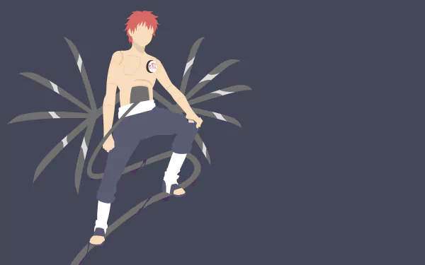 Minimalist 4K Ultra HD PC desktop wallpaper of Sasori (Naruto) from the anime, standing with puppet appendages and red hair against a muted dark background.