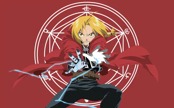 Edward Elric from Fullmetal Alchemist in dynamic pose with alchemical circle background, rendered in 4K Ultra HD for PC desktop wallpaper.