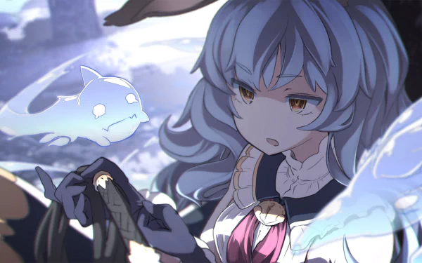 Ferry (Granblue Fantasy) anime portrait with ghostly blue wisps, detailed HD PC desktop wallpaper/background.