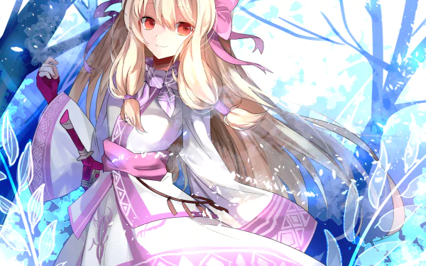 HD PC desktop wallpaper featuring Illyasviel Von Einzbern from Fate/Grand Order in a vibrant anime-style forest setting with blue and purple tones.