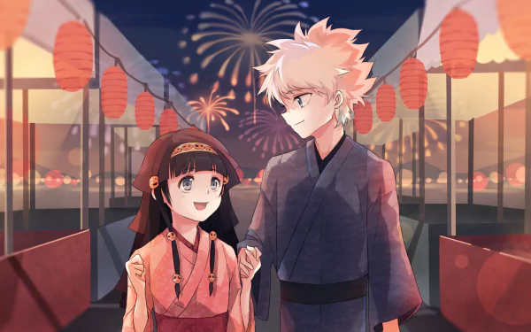 A colorful HD wallpaper featuring Killua and Alluka Zoldyck from Hunter x Hunter, enjoying a festival scene filled with vibrant lanterns and fireworks in the background.