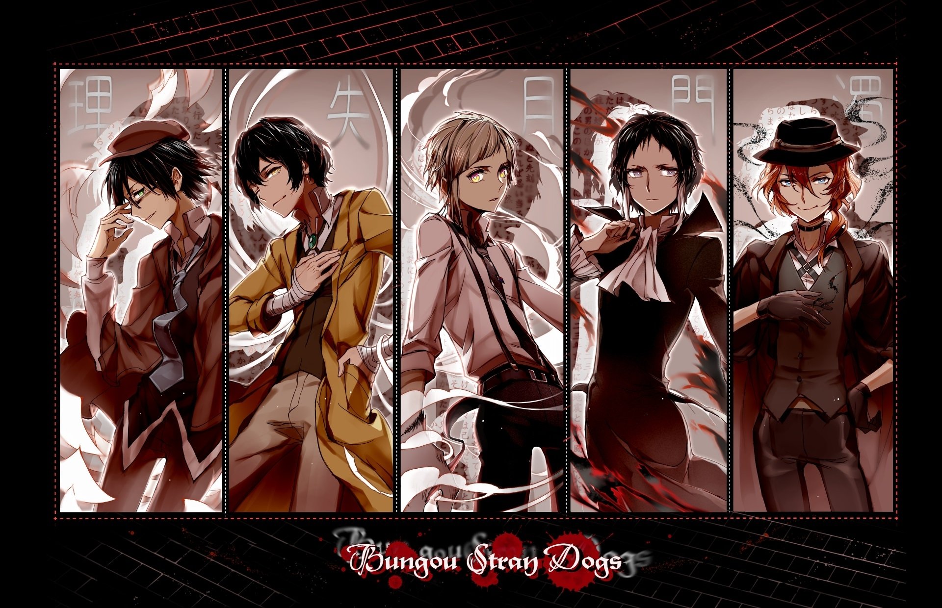 HD PC desktop wallpaper of Bungou Stray Dogs anime: five characters in vertical red-tinted panels, each in stylish poses with a moody, noir-inspired background.