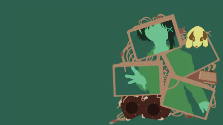 HD PC desktop wallpaper featuring minimalist art of Lain Iwakura from the anime Serial Experiments Lain with screens and a small dog on a green background.