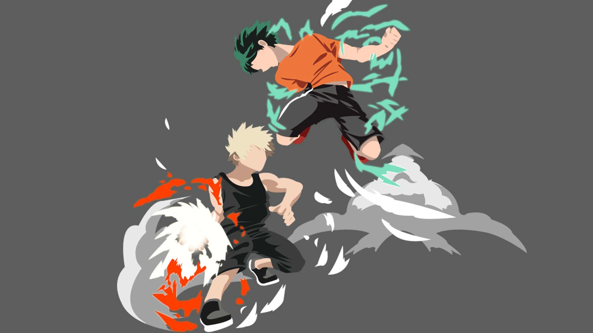 Katsuki Bakugou and Izuku Midoriya clash midair in stylized anime action, explosions and green electricity — My Hero Academia HD PC desktop wallpaper/background.
