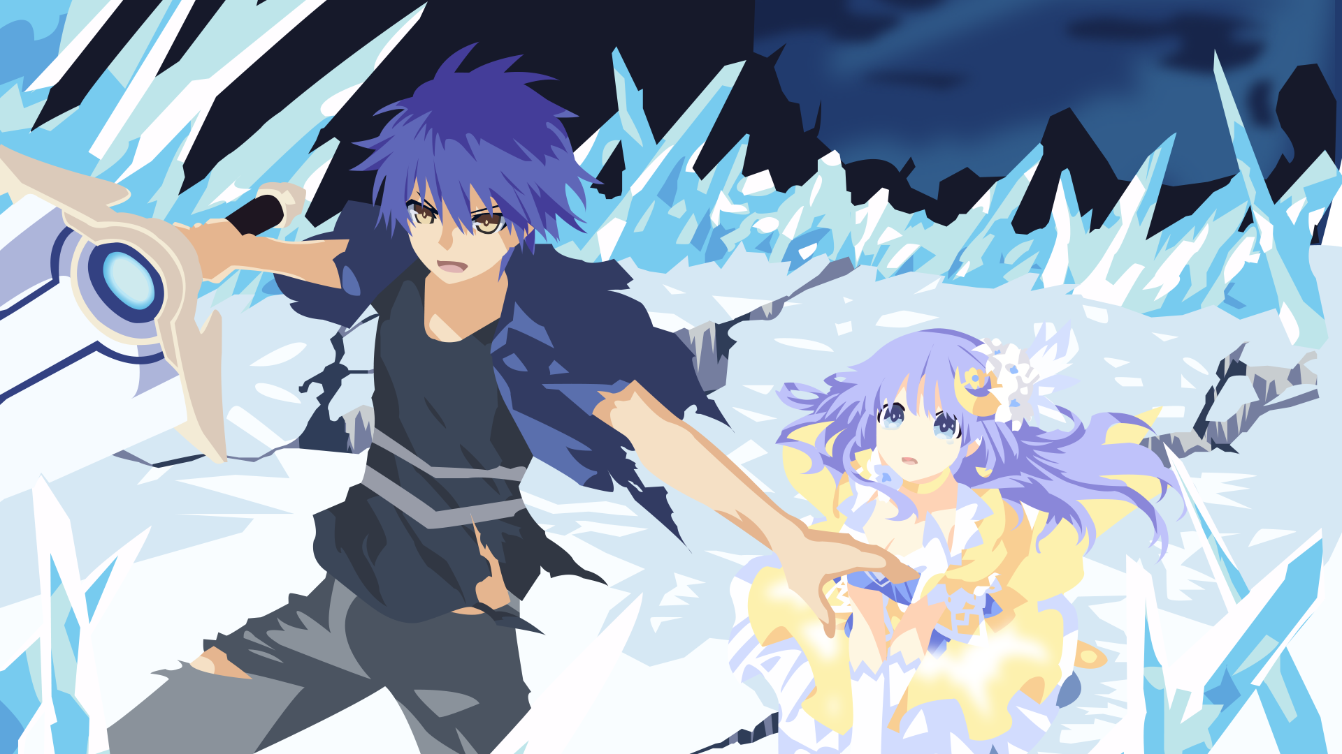 HD desktop wallpaper of Date A Live's Shido Itsuka and Miku Izayoi: Shido reaching toward Miku, who glows in a yellow dress amid jagged ice crystals under a dark, stormy sky.