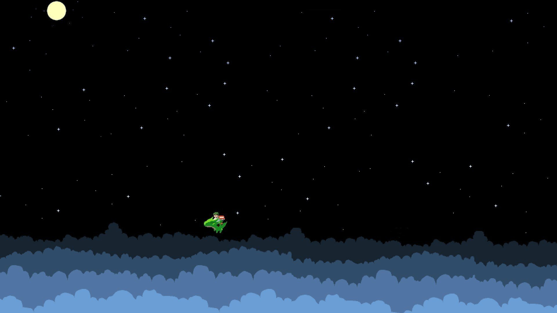 HD desktop wallpaper of a pixel art 8-bit night sky with stars, clouds, and a small green character.
