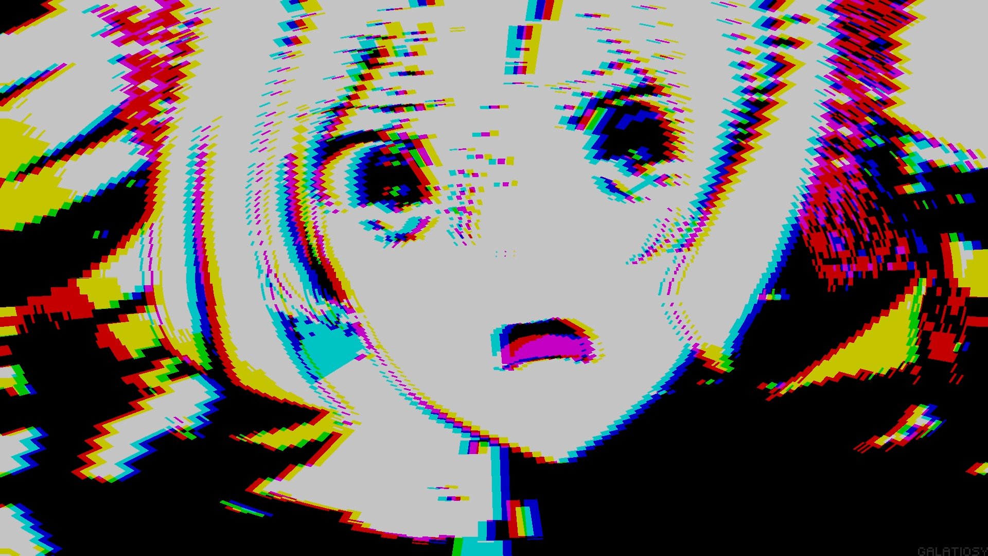 Anime aesthetic HD desktop wallpaper featuring a close-up of a character's face with a glitch effect.