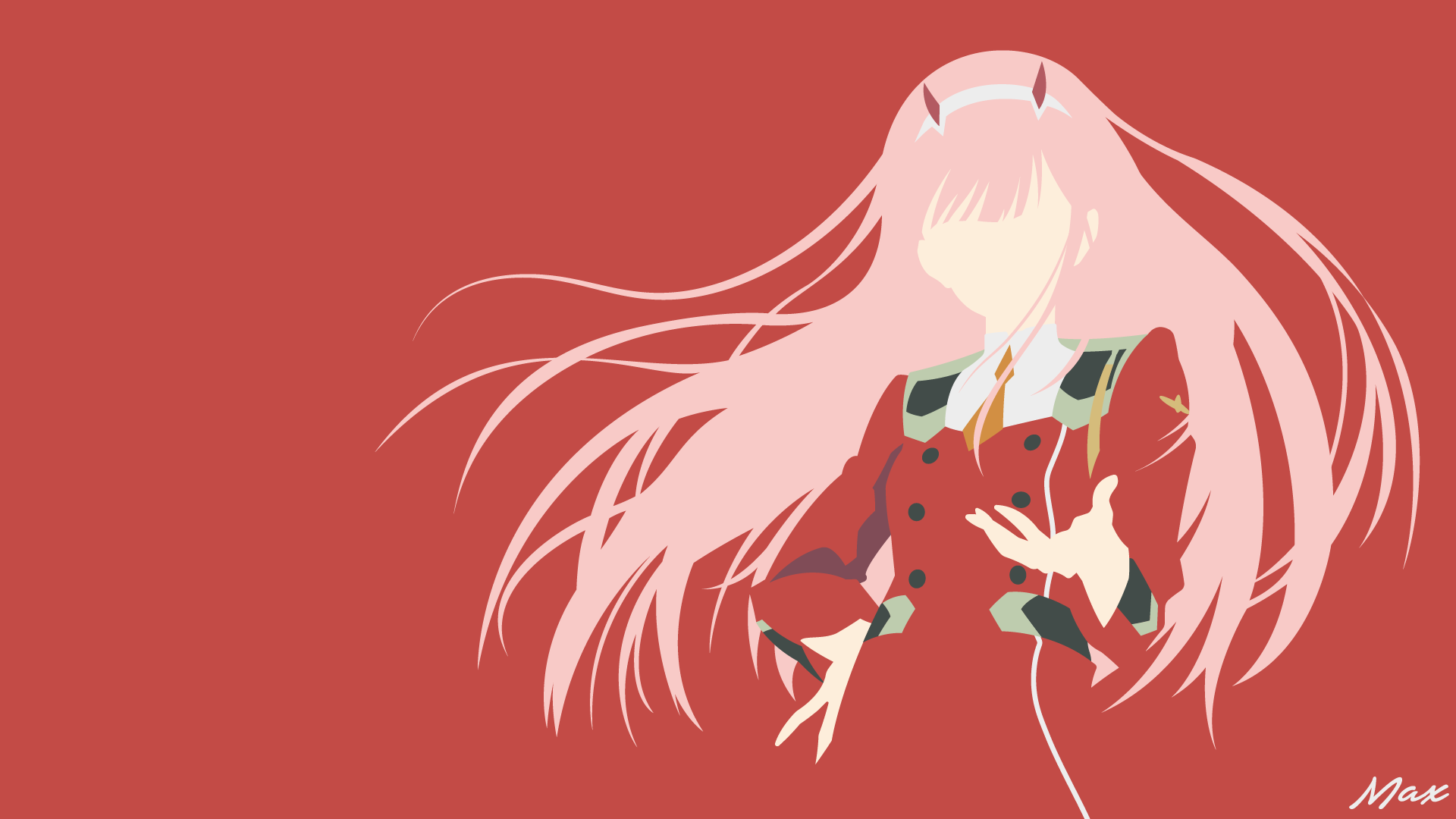 Zero Two from *Darling in the FranXX* stands gracefully, featuring her signature pink hair and red outfit, set against a bold red background, serving as an eye-catching HD desktop wallpaper.