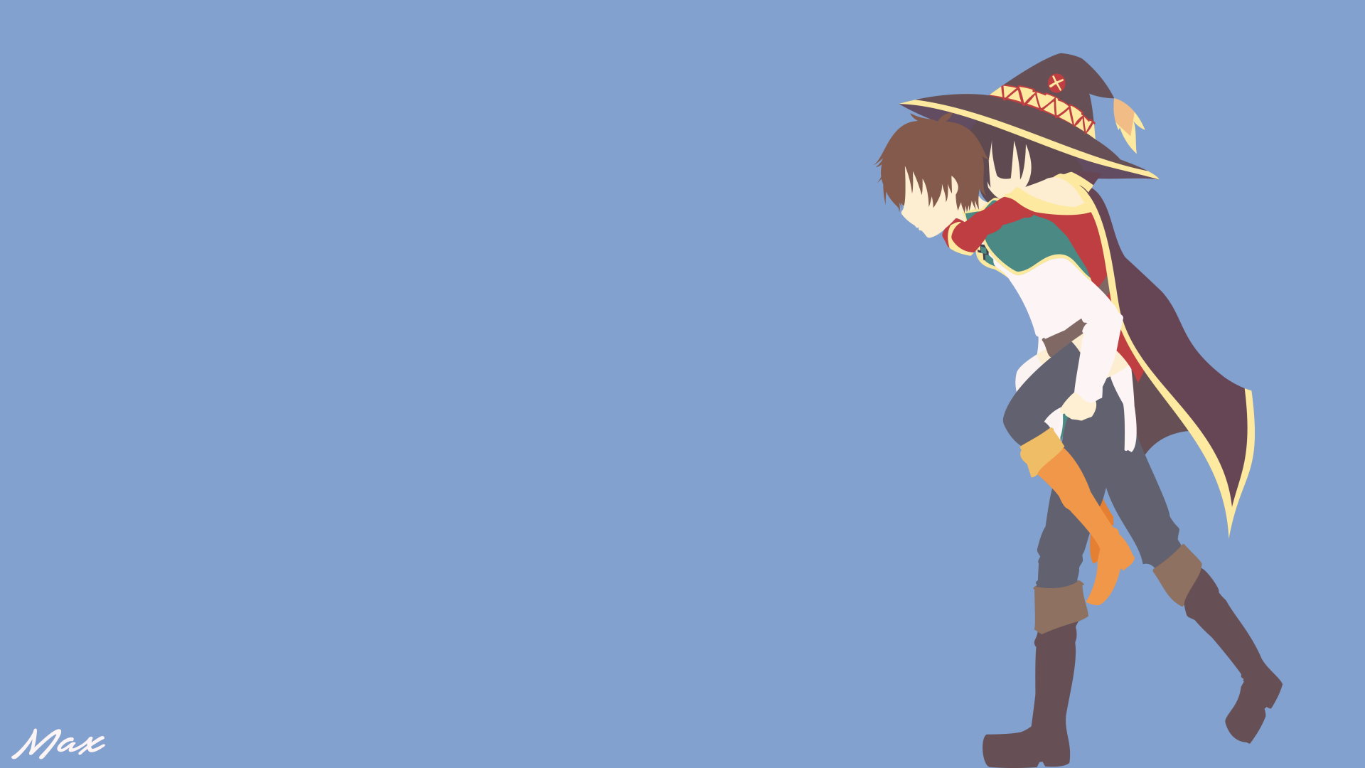 8K Ultra HD anime wallpaper featuring Megumin and Kazuma Satou from KonoSuba - God’s blessing on this wonderful world!! against a plain blue background.