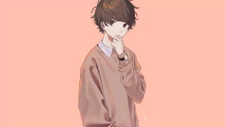 Anime-style illustration of a contemplative anime boy in a beige sweater, set against a soft pink background, designed as HD desktop wallpaper.