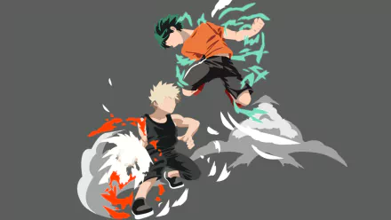 Katsuki Bakugou and Izuku Midoriya clash midair in stylized anime action, explosions and green electricity — My Hero Academia HD PC desktop wallpaper/background.