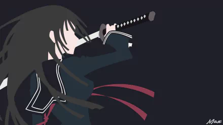 Kisara Tendo from Black Bullet anime poised with a katana against a dark backdrop, minimalist 8K Ultra HD PC desktop wallpaper and background with flowing red ribbons.