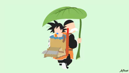 Minimalist HD desktop wallpaper featuring Grandpa Gohan carrying young Goku under a large leaf, inspired by Dragon Ball anime in a sleek, simple design.