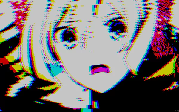 Anime aesthetic HD desktop wallpaper featuring a close-up of a character's face with a glitch effect.