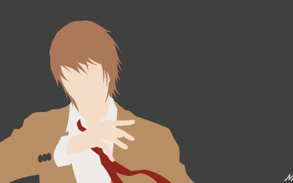 Minimalist 8K Ultra HD anime wallpaper featuring Light Yagami with brown hair in a school uniform and red tie from Death Note.