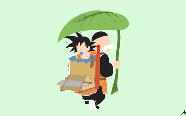 Minimalist HD desktop wallpaper featuring Grandpa Gohan carrying young Goku under a large leaf, inspired by Dragon Ball anime in a sleek, simple design.