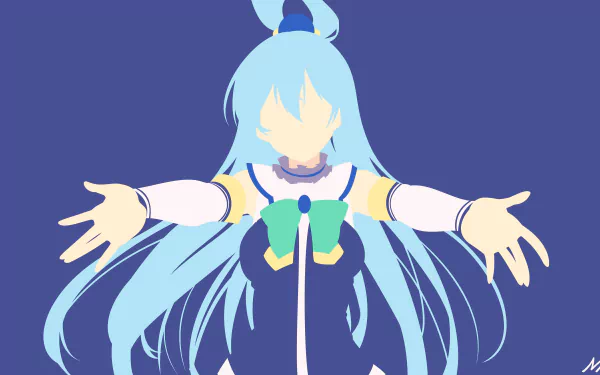 Aqua (KonoSuba) anime illustration from KonoSuba - God’s blessing on this wonderful world!!, stylized 8K Ultra HD PC desktop wallpaper of Aqua with arms outstretched.