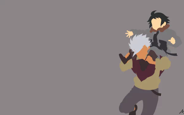 HD PC desktop wallpaper of Orga Itsuka and Mikazuki Augus from the anime Mobile Suit Gundam: Iron-Blooded Orphans — stylized flat figures on a gray background.