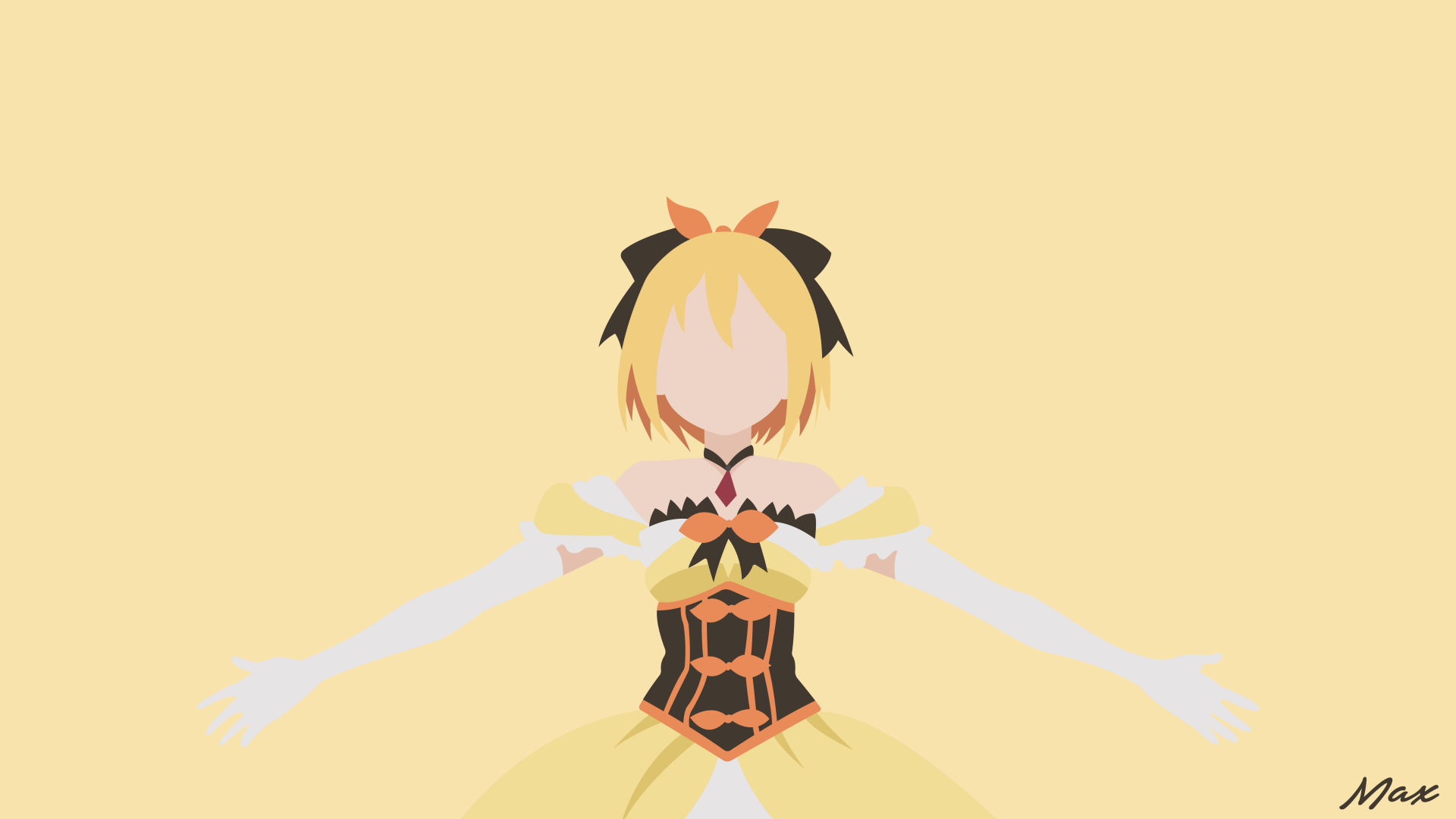 Minimalist 8K anime wallpaper of Felt from Re:Zero: short blonde hair, bow headband, yellow dress and outstretched arms against a pale yellow background.