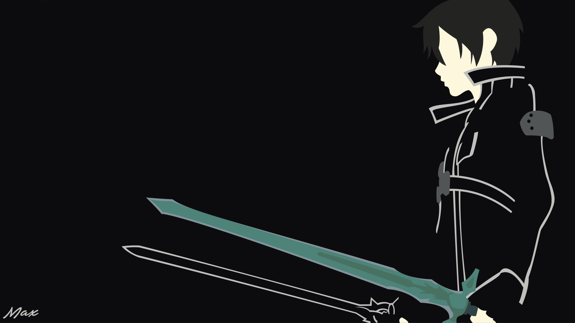 Minimalist 8K Ultra HD anime wallpaper featuring Kazuto Kirigaya, also known as Kirito from Sword Art Online, holding dual swords against a dark background.