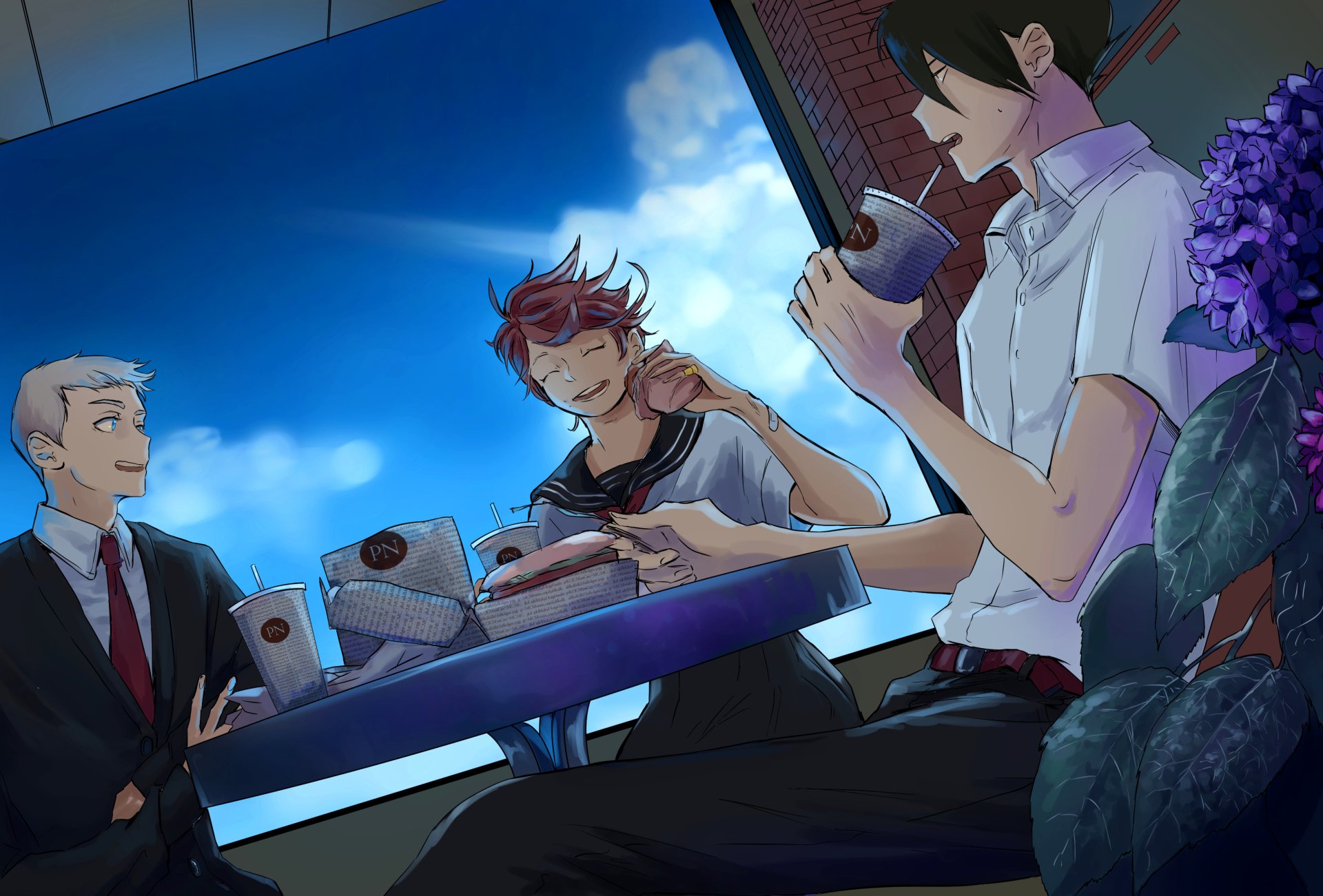 HD PC desktop wallpaper featuring characters from the anime The Promised Neverland sharing a relaxed moment around a table under a bright blue sky.