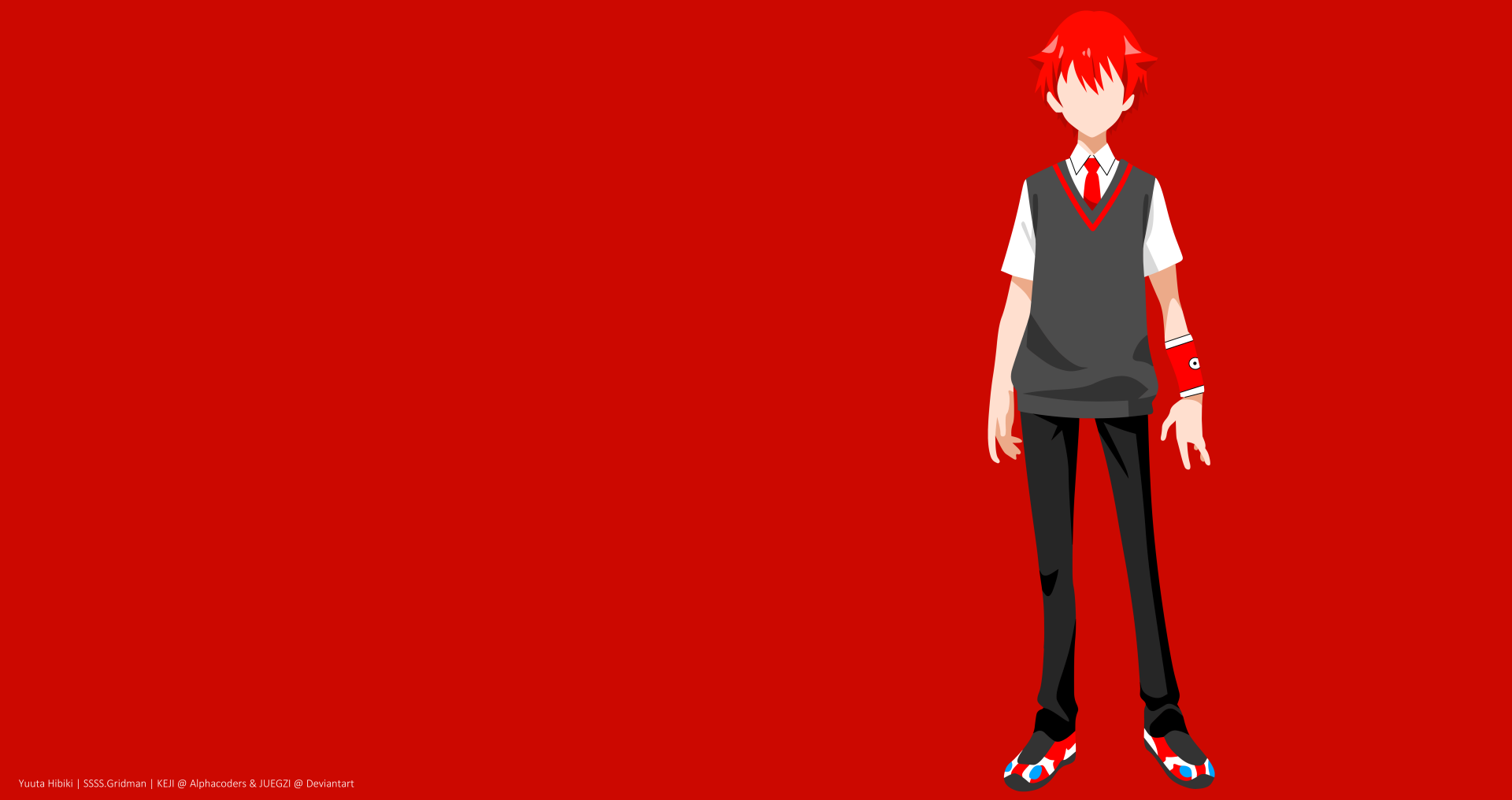 8K Ultra HD PC desktop wallpaper of red-haired Yuta Hibiki in a school uniform from SSSS.Gridman standing against a bold red background.