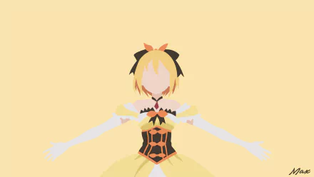 Minimalist 8K anime wallpaper of Felt from Re:Zero: short blonde hair, bow headband, yellow dress and outstretched arms against a pale yellow background.