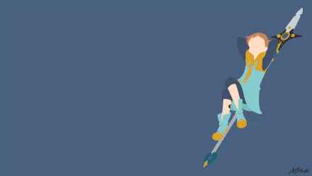 8K Ultra HD PC desktop wallpaper of King (The Seven Deadly Sins) — anime-style minimalist scene: King perched on his spirit spear at right against a wide flat blue background.