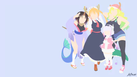 HD PC wallpaper featuring Elma, Kanna Kamui, Quetzalcoatl, and Tohru from the anime Miss Kobayashi's Dragon Maid in vibrant, colorful art style.