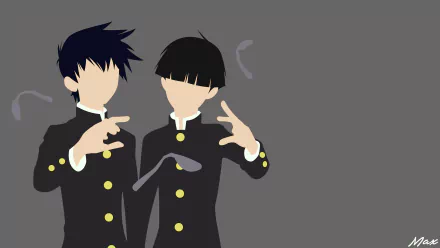 Minimalist 8K Ultra HD wallpaper featuring anime characters Ritsu Kageyama and Shigeo Kageyama from Mob Psycho 100 in black school uniforms against a gray background.
