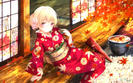 HD PC desktop wallpaper/background: Chisato Shirasagi (BanG Dream!) in a red floral kimono, seated on a sunlit wooden floor with autumn leaves, a parasol and a pot of tea.