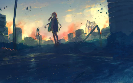 HD PC desktop wallpaper featuring an anime-style Vocaloid character Yuzuki Yukari standing amidst a cityscape at sunset with birds flying in the sky.
