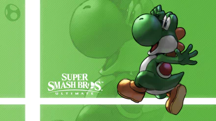 HD PC desktop wallpaper featuring Yoshi from the video game Super Smash Bros. Ultimate on a green background with the game's logo.