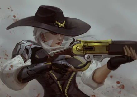 HD desktop wallpaper featuring Ashe, a character from the video game Overwatch, aiming her rifle with a determined expression.