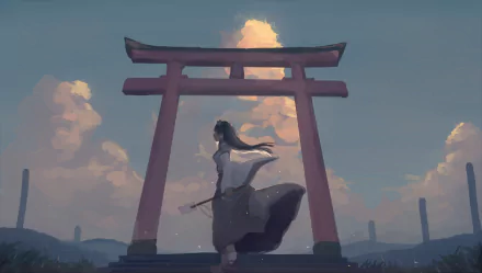 HD anime desktop wallpaper featuring Sanae Kochiya from Touhou standing beneath a torii gate at sunset with flowing hair and traditional attire.