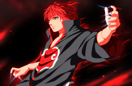 HD PC desktop wallpaper of Sasori (Naruto): red-haired Akatsuki puppet master in a black cloak with red clouds, dramatic red-black background, reaching out with puppet strings.