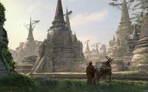 traveler deer building fantasy temple HD Desktop Wallpaper | Background Image