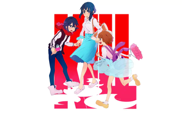 HD desktop wallpaper featuring anime characters Ryūko Matoi, Satsuki Kiryūin, and Mako Mankanshoku from Kill La Kill in vibrant colors and dynamic poses.