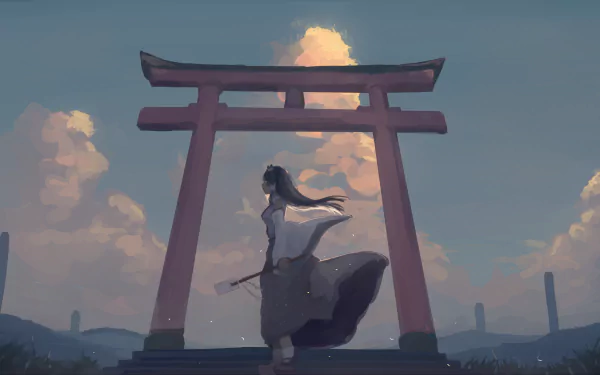 HD anime desktop wallpaper featuring Sanae Kochiya from Touhou standing beneath a torii gate at sunset with flowing hair and traditional attire.