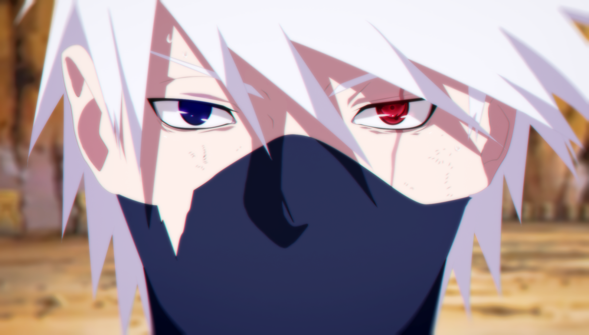 Close-up anime portrait of Kakashi Hatake with heterochromia—one red Sharingan eye and one normal eye—masked face, high-definition PC desktop wallpaper/background.
