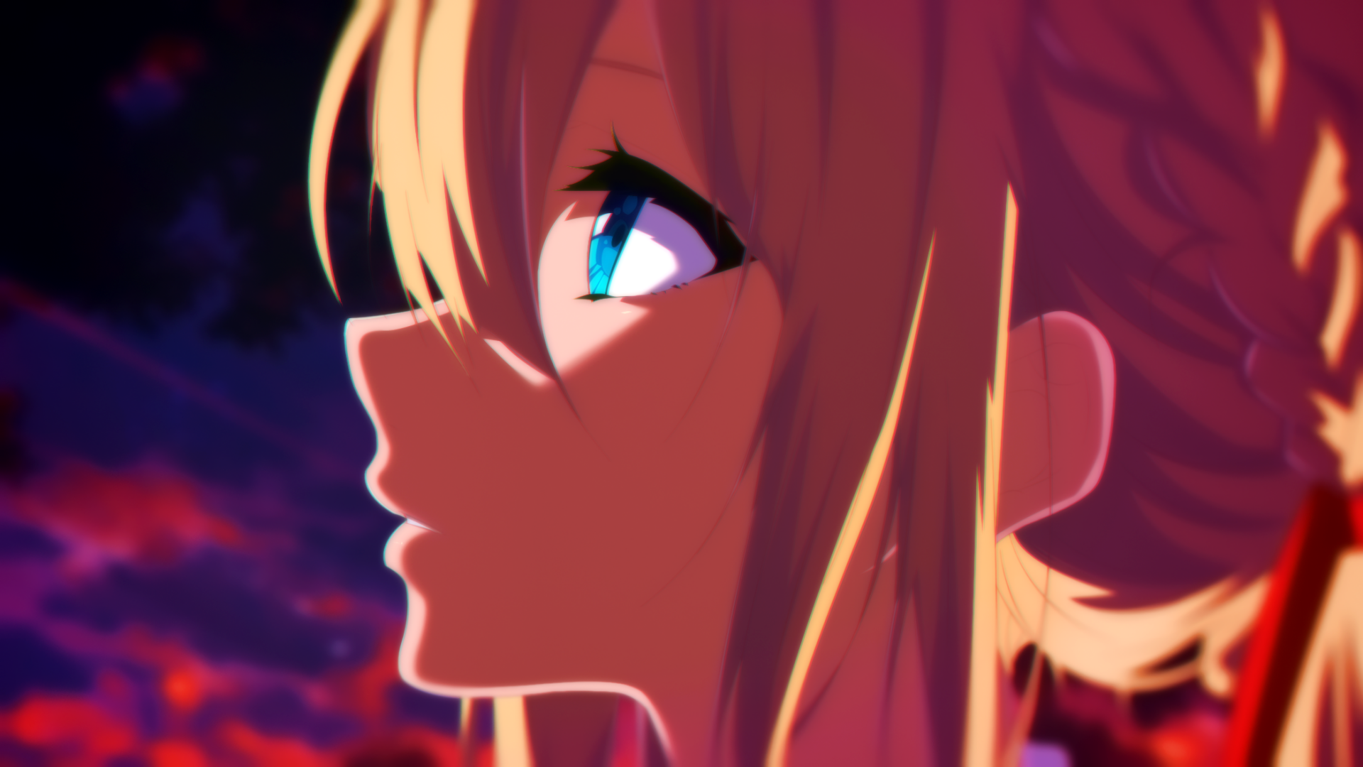 Close-up of Violet Evergarden from the anime, her face illuminated against a vibrant, colorful sky in this HD PC desktop wallpaper and background.