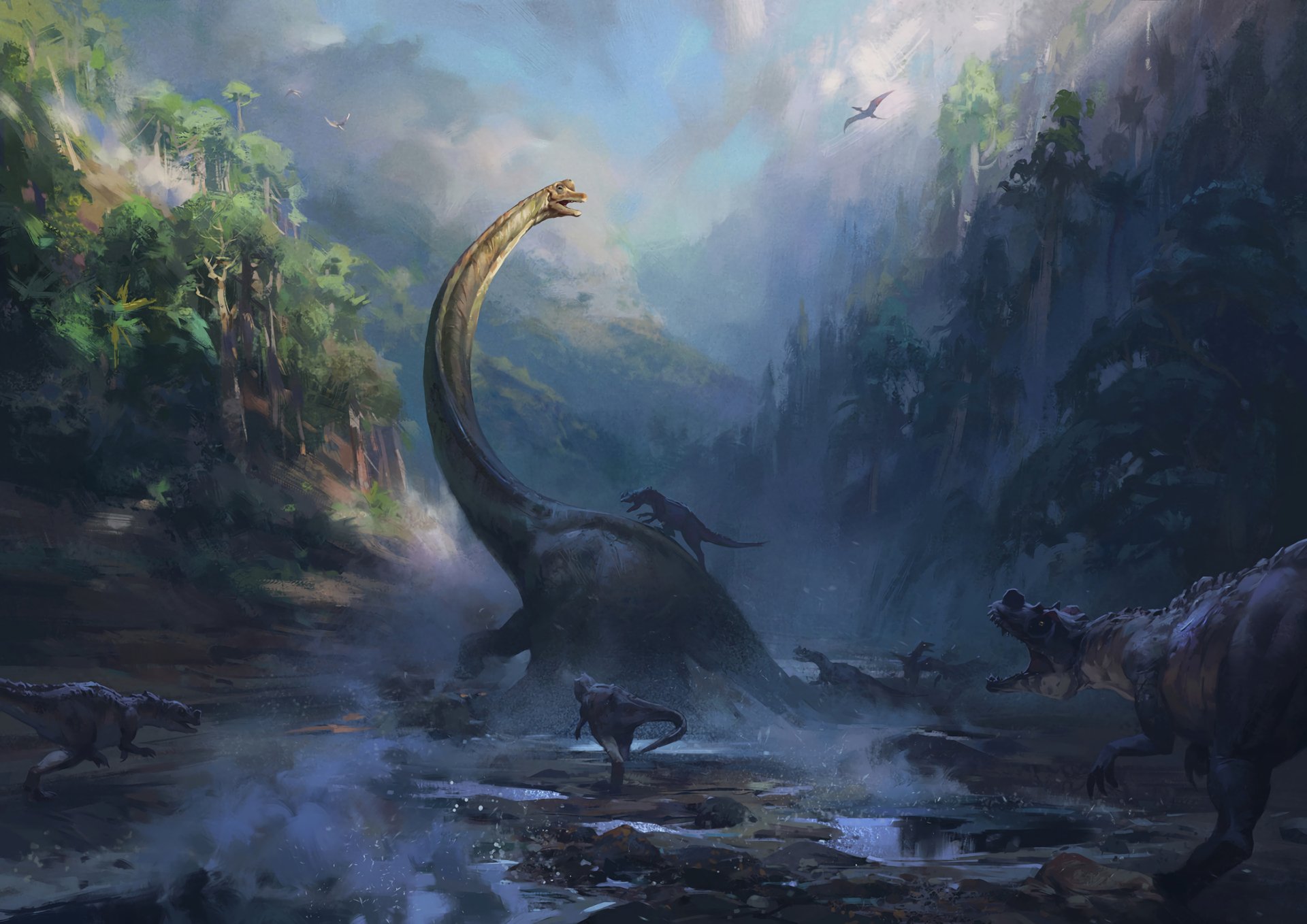 HD PC desktop wallpaper depicting a dramatic prehistoric scene with a towering brachiosaurus and stalking ceratosaurus dinosaurs in a misty, lush valley.