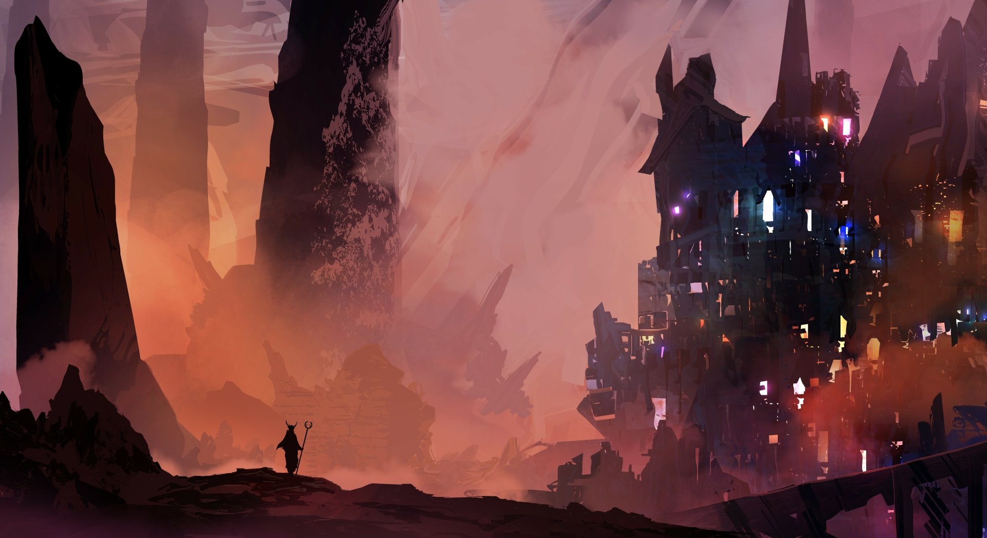 A fantasy city illuminated by colorful lights stands against towering rock formations at dusk, captured in stunning 4K Ultra HD for a PC desktop wallpaper.